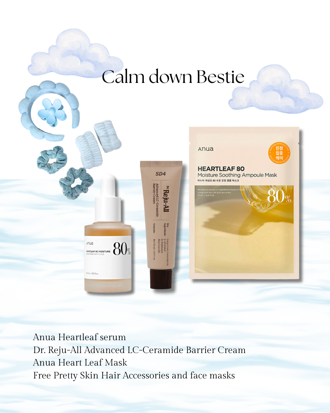 Skincare products including a serum, cream, and mask with decorative elements on a light blue background.