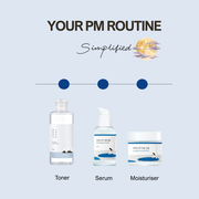 Round Lab night skincare routine: 1025 Dokdo Toner, Birch Juice Moisturizing Serum and Cream