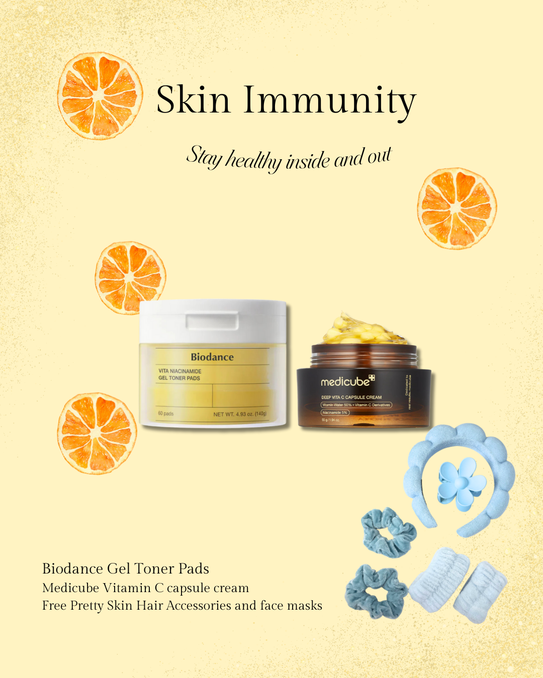 Cosmetic products with 'Skin Immunity' theme on a beige background with orange slices.